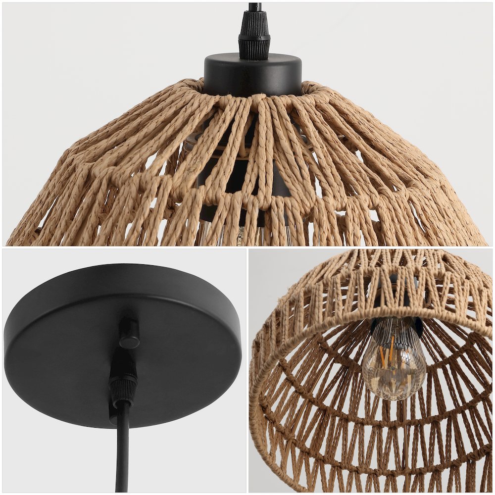 Campana 10.25" 1-Light Bohemian Modern Woven Rope/Iron LED Pendant, Brown/Black. Picture 4