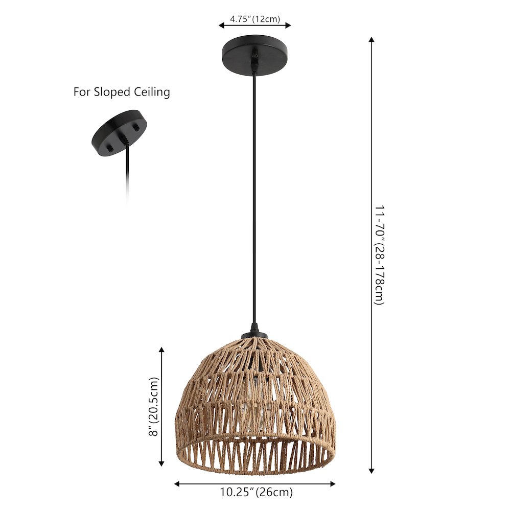 Campana 10.25" 1-Light Bohemian Modern Woven Rope/Iron LED Pendant, Brown/Black. Picture 6