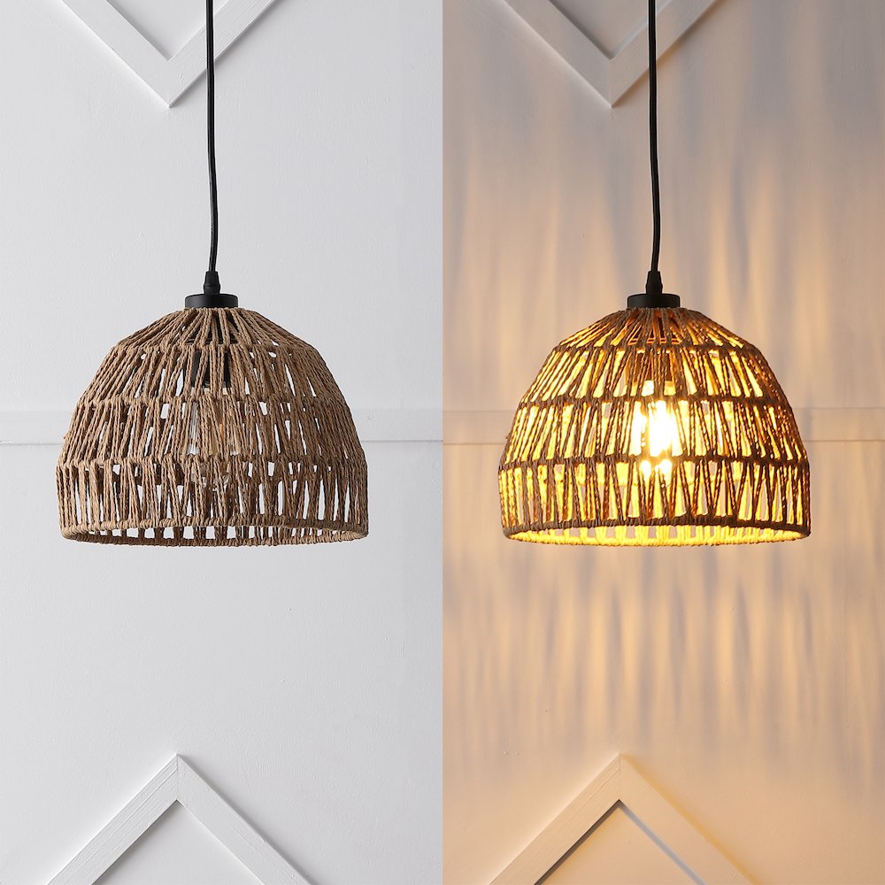 Campana 10.25" 1-Light Bohemian Modern Woven Rope/Iron LED Pendant, Brown/Black. Picture 5