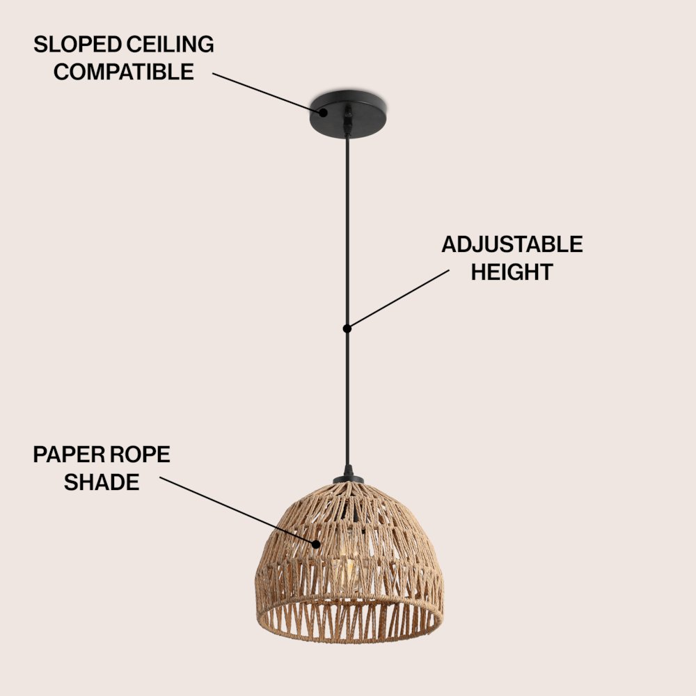 Campana 10.25" 1-Light Bohemian Modern Woven Rope/Iron LED Pendant, Brown/Black. Picture 3
