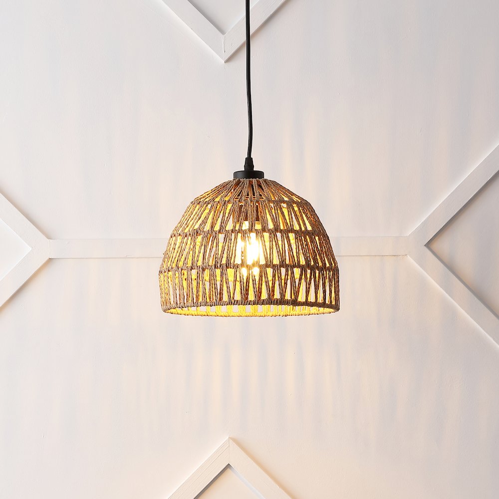Campana 10.25" 1-Light Bohemian Modern Woven Rope/Iron LED Pendant, Brown/Black. Picture 7