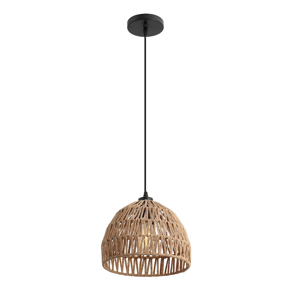 Campana 10.25" 1-Light Bohemian Modern Woven Rope/Iron LED Pendant, Brown/Black. Picture 1