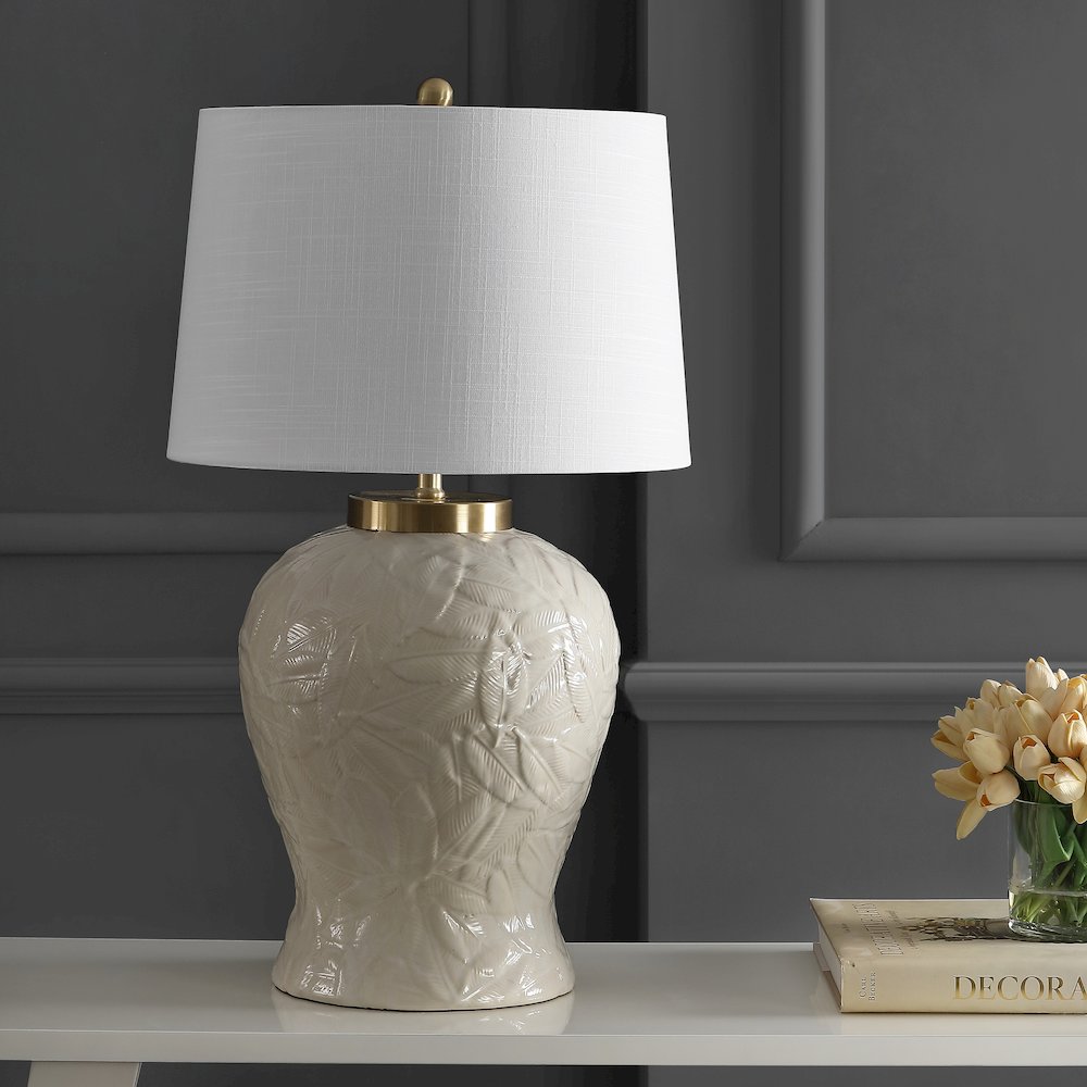 Regency Palm Leaf Ceramicmetal Bohemian Cottage Led Table Lamp. Picture 6