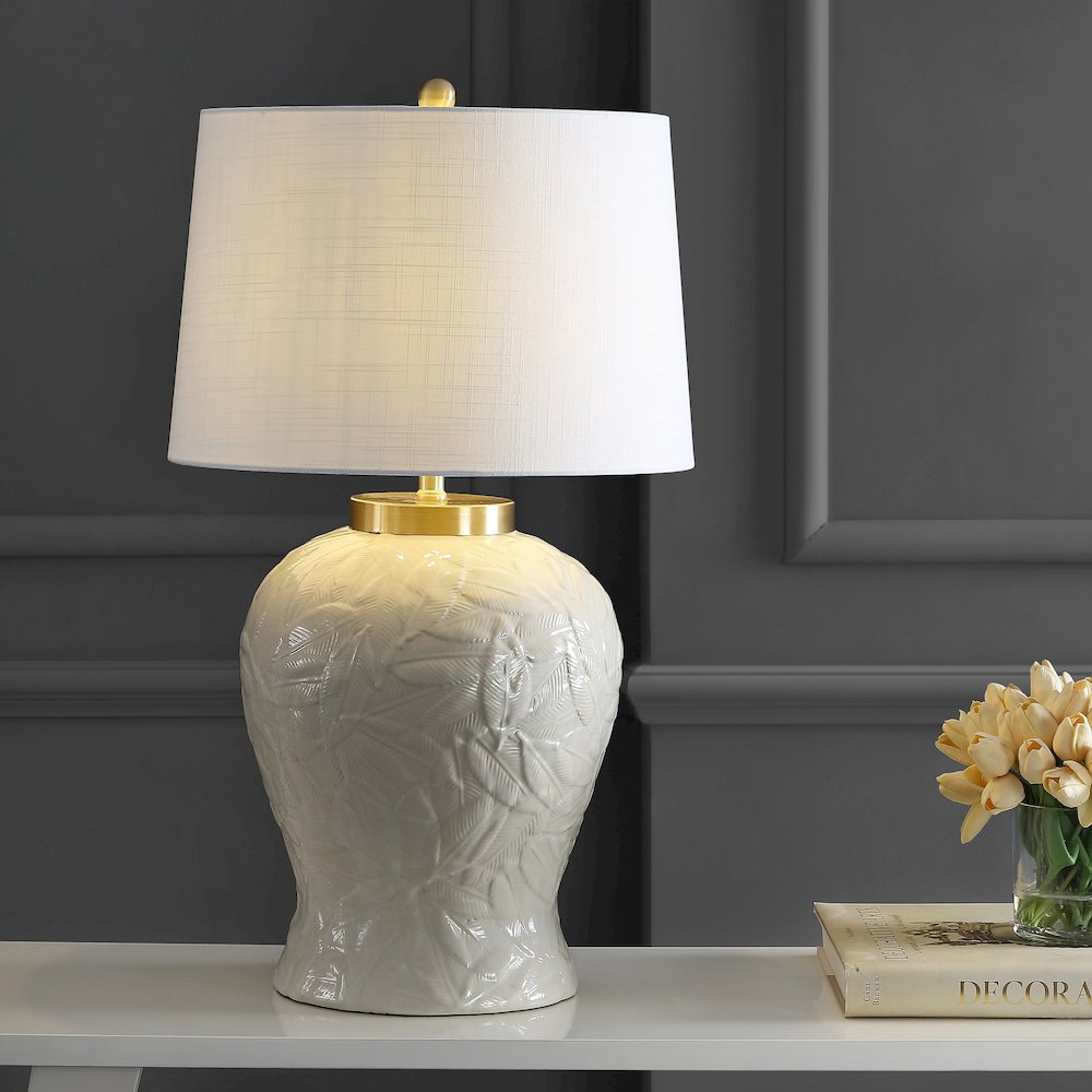 Regency Palm Leaf Ceramicmetal Bohemian Cottage Led Table Lamp. Picture 5