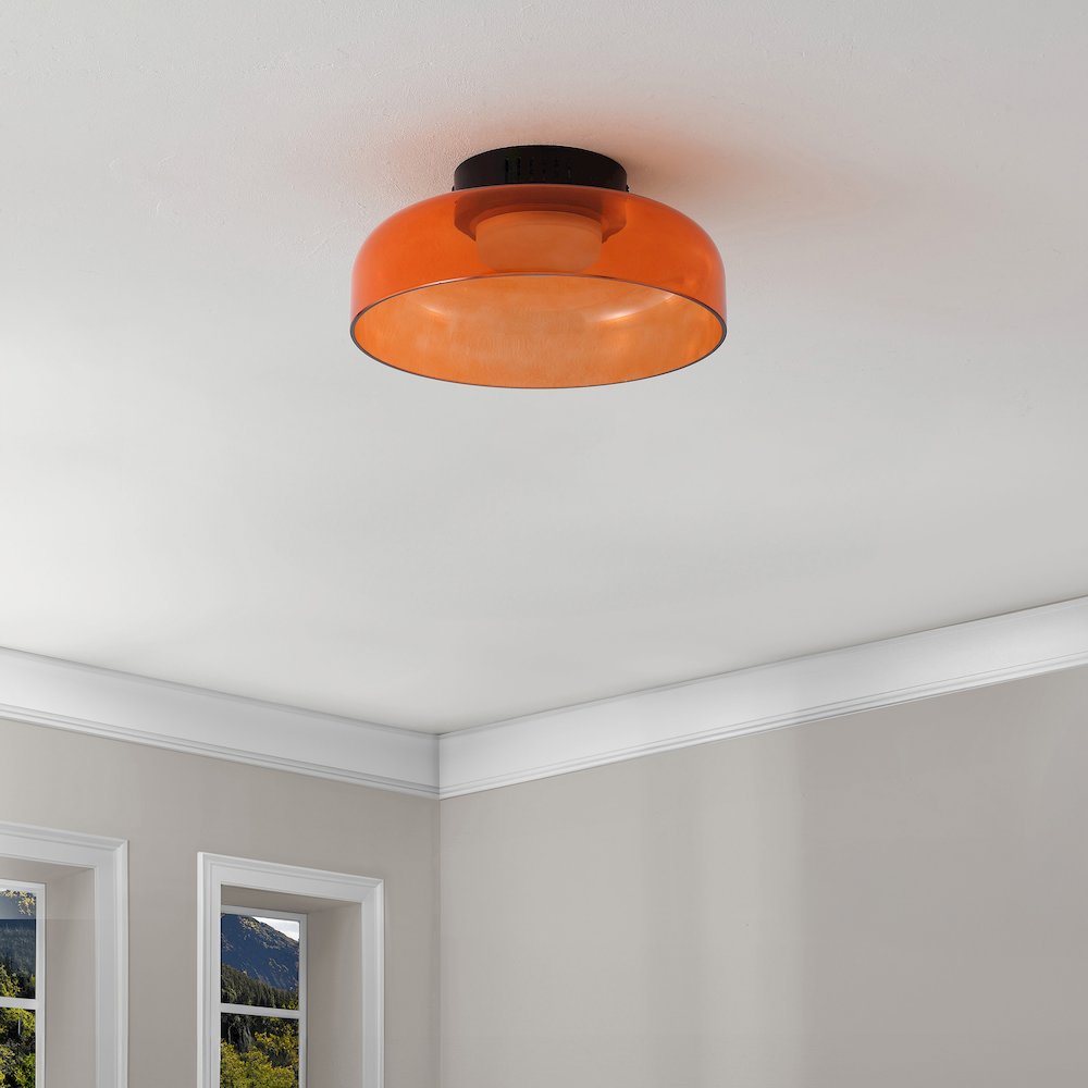 12" Minimalist Iron/Glass Dimmable Integrated LED Flush Mount, Orange/Black. Picture 2