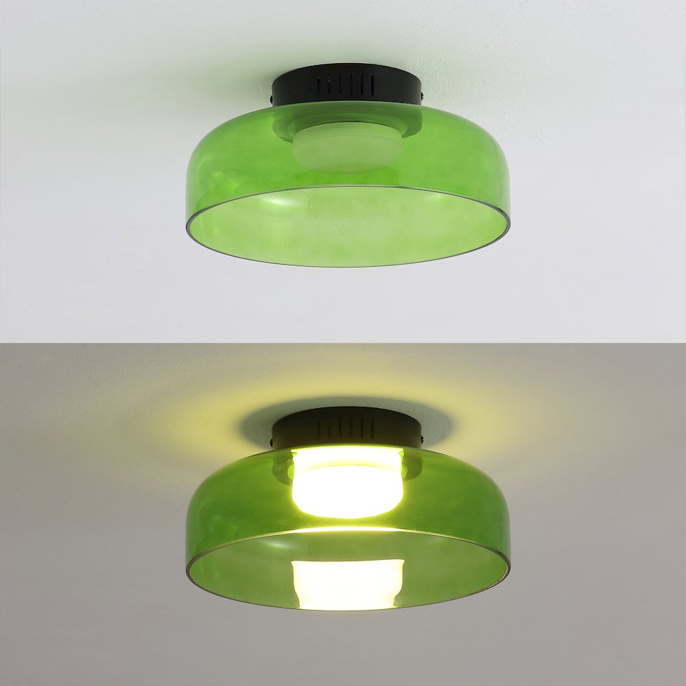 12" Minimalist Iron/Glass Dimmable Integrated LED Flush Mount, Green/Black. Picture 5