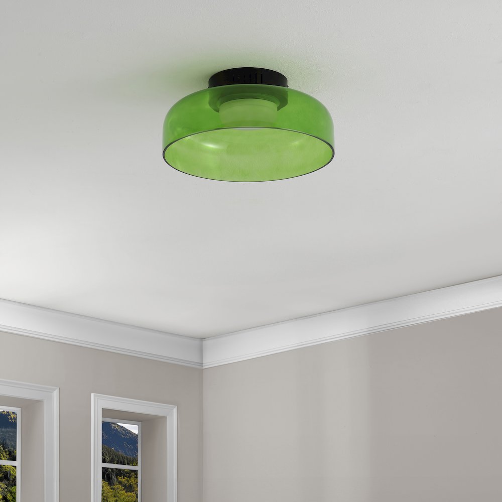 12" Minimalist Iron/Glass Dimmable Integrated LED Flush Mount, Green/Black. Picture 2