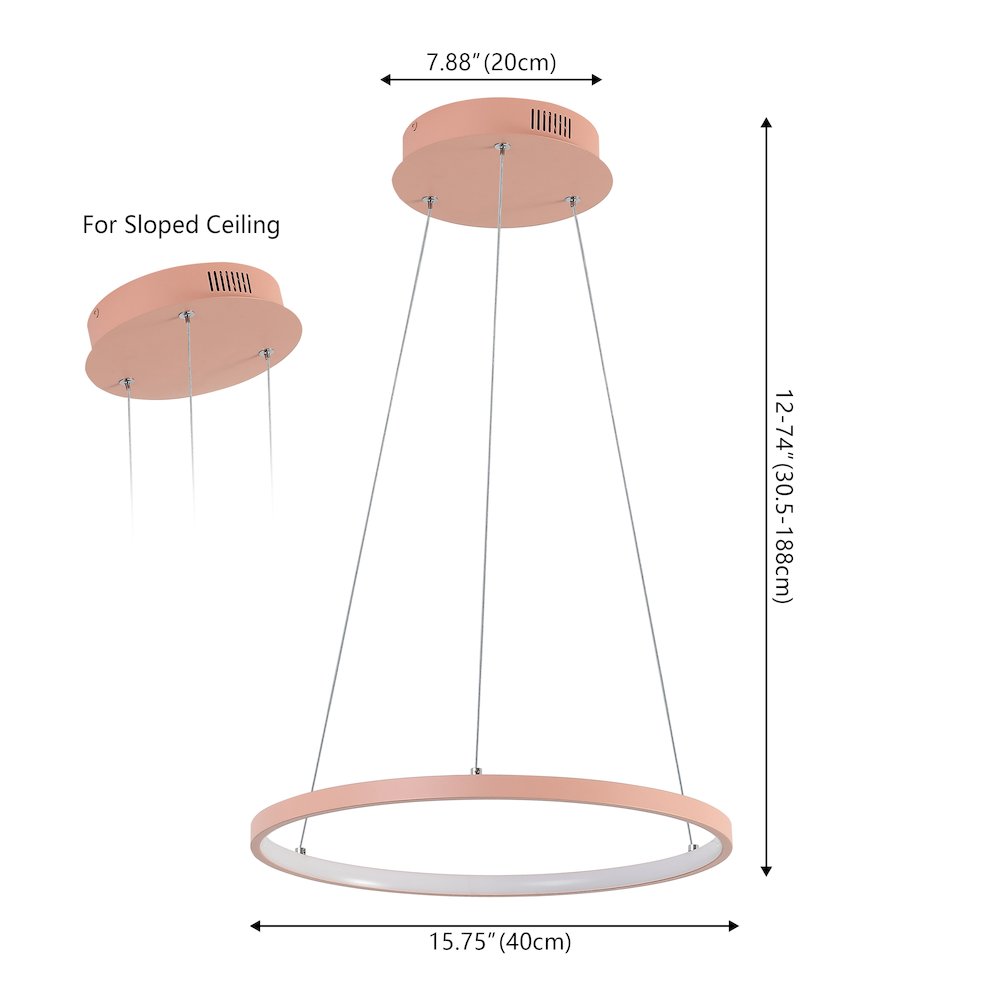 Brice 15.75" Modern Metal Round Dimmable Integrated LED Pendant, Matte Pink. Picture 6