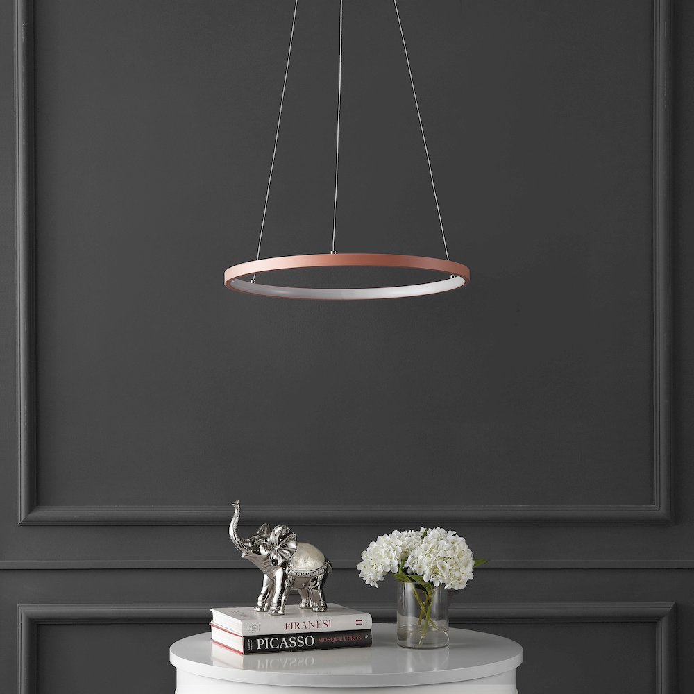 Brice 15.75" Modern Metal Round Dimmable Integrated LED Pendant, Matte Pink. Picture 2