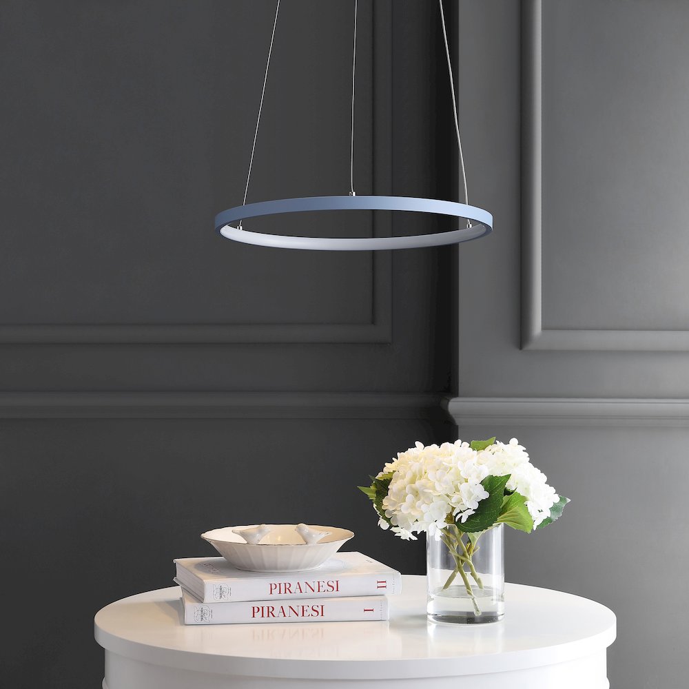 Brice 15.75" Modern Metal Round Dimmable Integrated LED Pendant, Blue. Picture 2