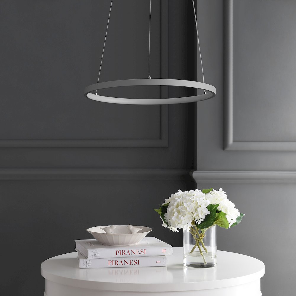 Brice 15.75" Modern Metal Round Dimmable Integrated LED Pendant, Gray. Picture 2