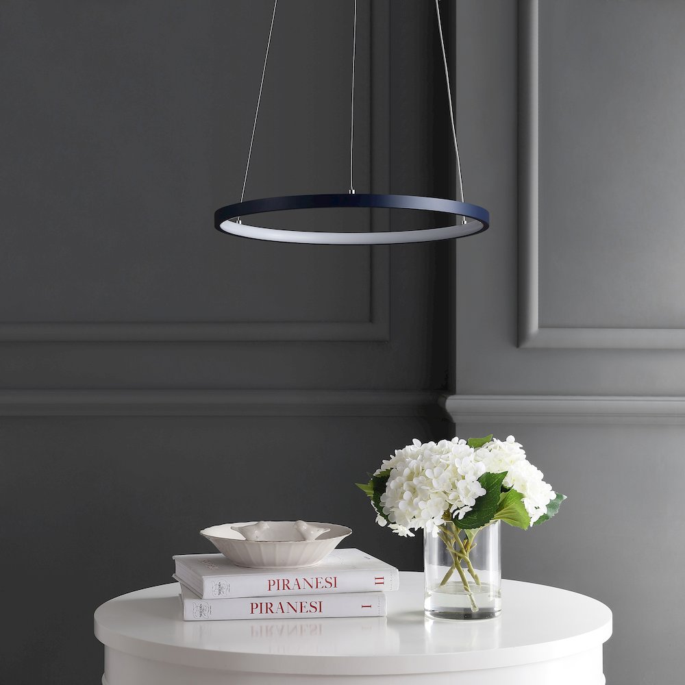 Brice 15.75" Modern Metal Round Dimmable Integrated LED Pendant, Navy. Picture 2