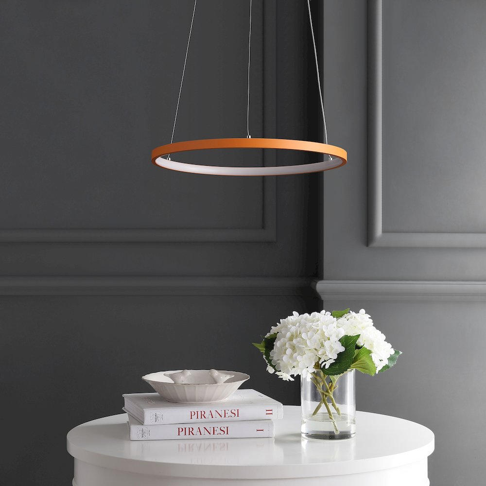Brice 15.75" Modern Metal Round Dimmable Integrated LED Pendant, Orange. Picture 2