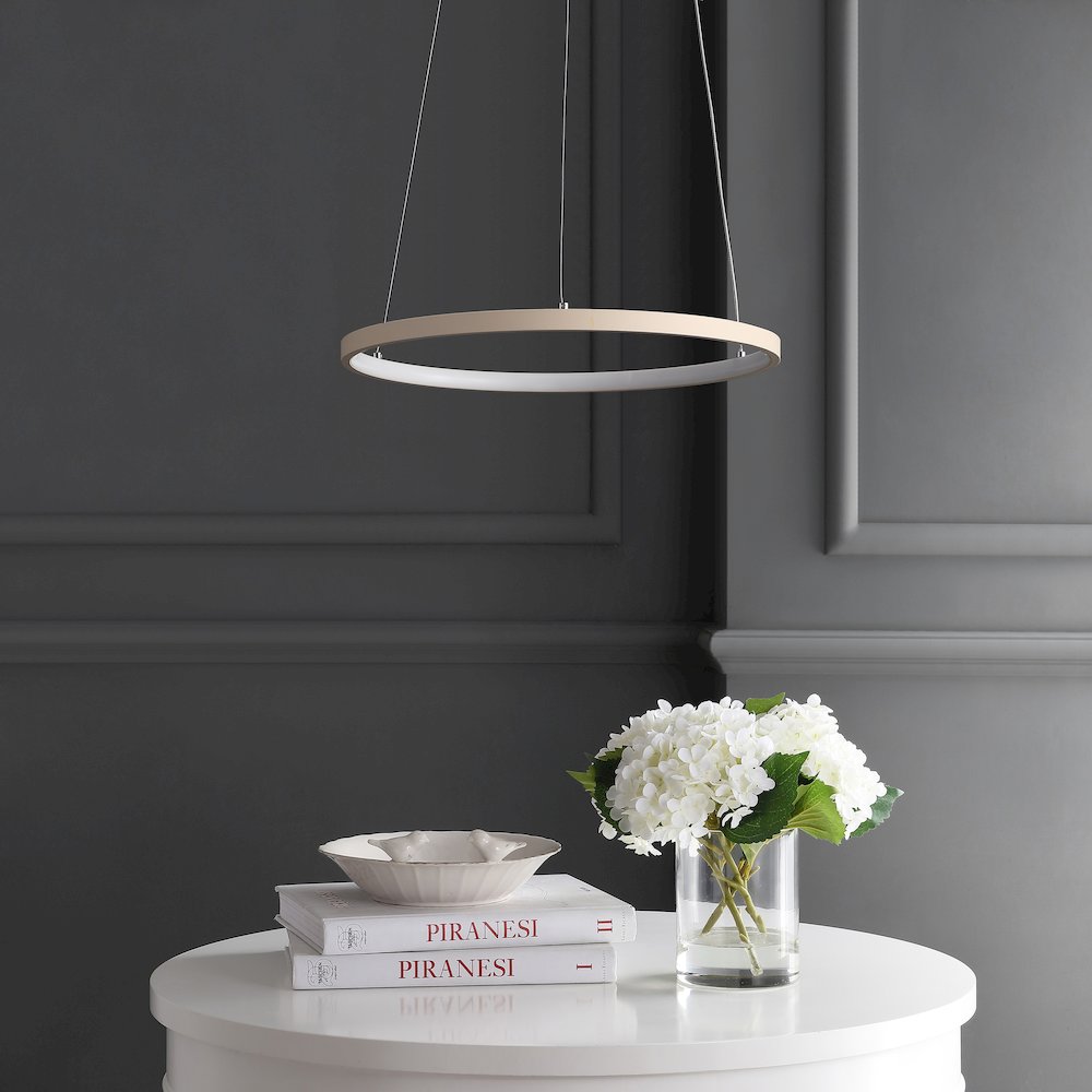 Brice 15.75" Modern Metal Round Dimmable Integrated LED Pendant, Beige. Picture 2