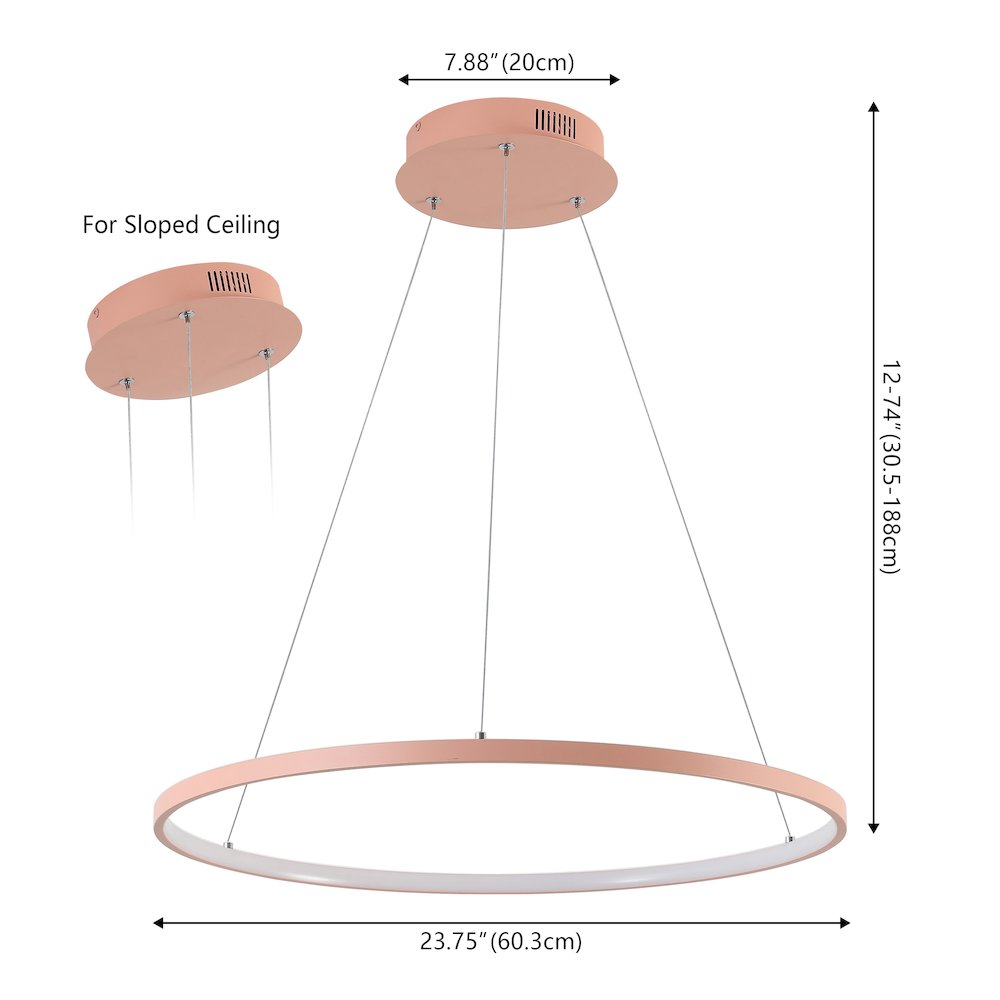 Brice 23.75" Modern Metal Round Dimmable Integrated LED Pendant, Matte Pink. Picture 6