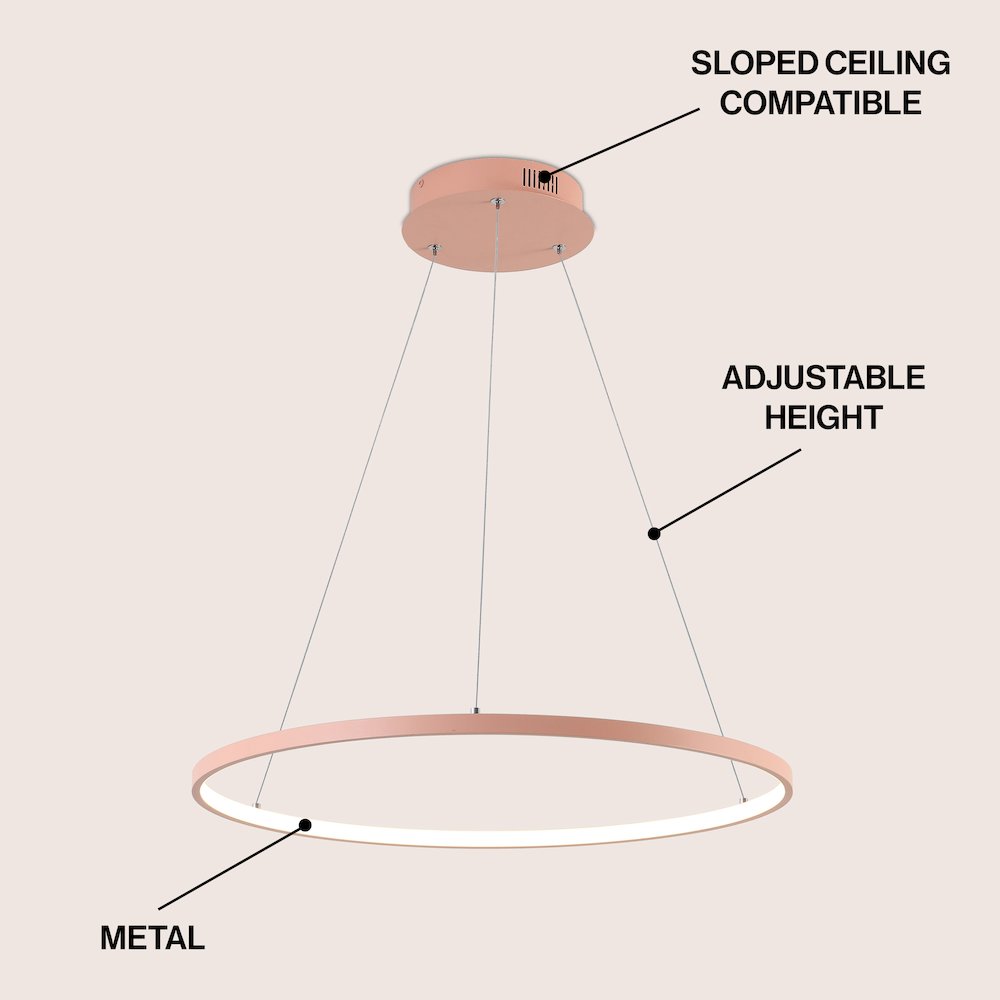 Brice 23.75" Modern Metal Round Dimmable Integrated LED Pendant, Matte Pink. Picture 3