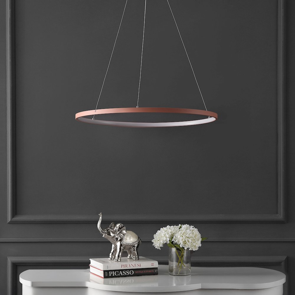 Brice 23.75" Modern Metal Round Dimmable Integrated LED Pendant, Matte Pink. Picture 2