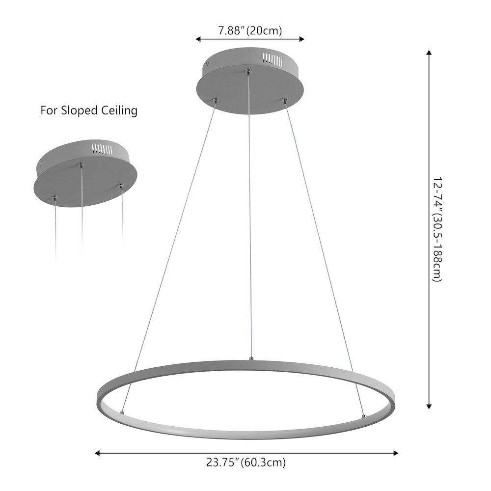 Brice 23.75" Modern Metal Round Dimmable Integrated LED Pendant, Gray. Picture 6