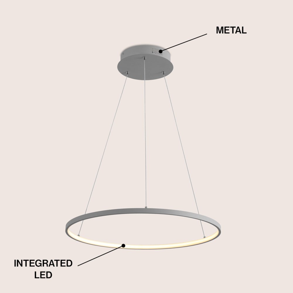Brice 23.75" Modern Metal Round Dimmable Integrated LED Pendant, Gray. Picture 3