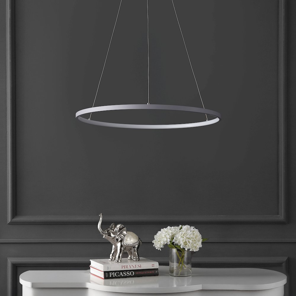 Brice 23.75" Modern Metal Round Dimmable Integrated LED Pendant, Gray. Picture 2
