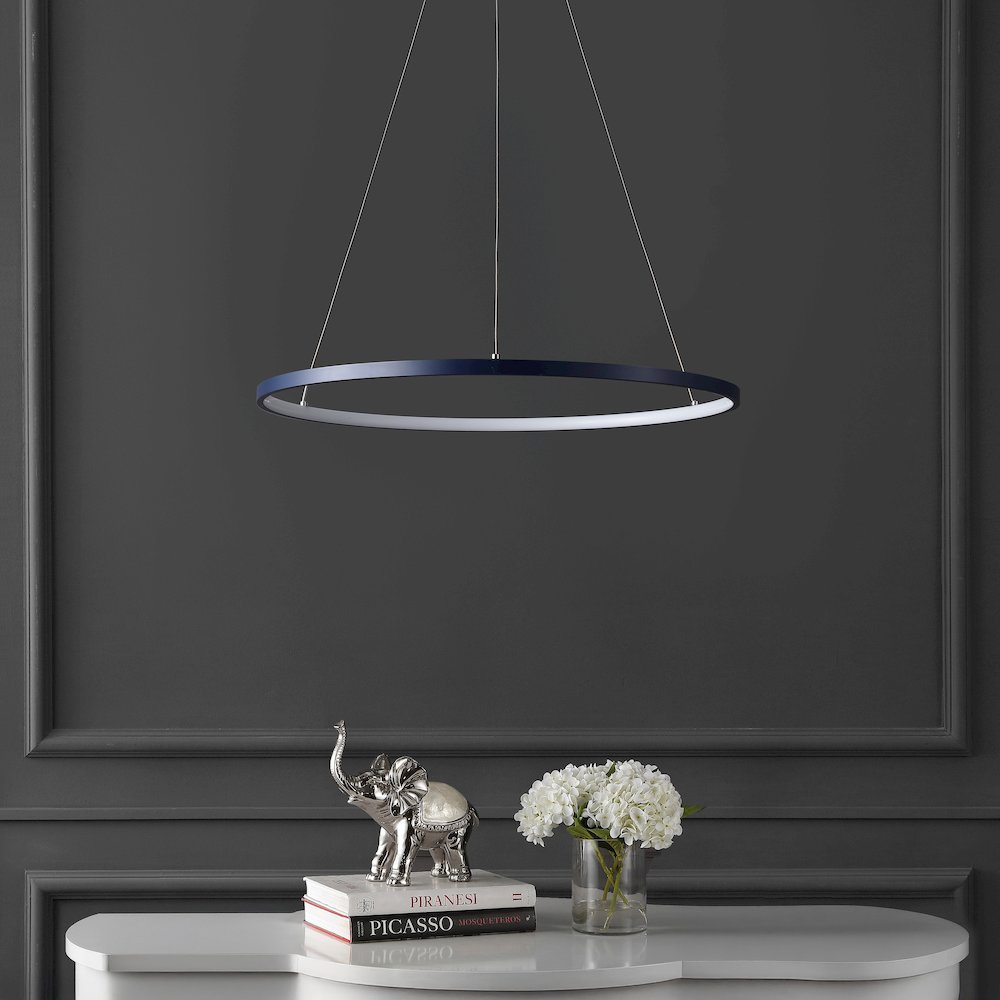 Brice 23.75" Modern Metal Round Dimmable Integrated LED Pendant, Navy. Picture 2