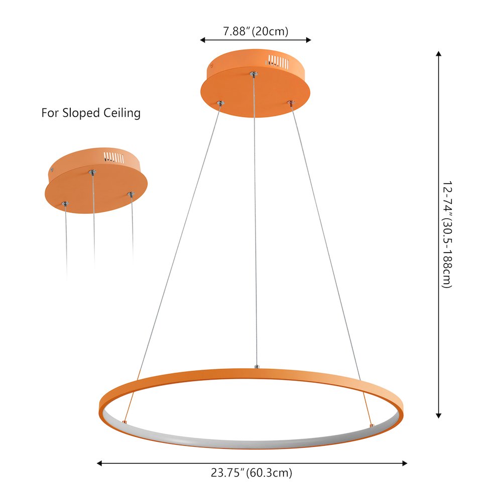 Brice 23.75" Modern Metal Round Dimmable Integrated LED Pendant, Orange. Picture 6