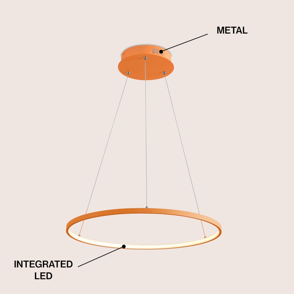 Brice 23.75" Modern Metal Round Dimmable Integrated LED Pendant, Orange. Picture 3