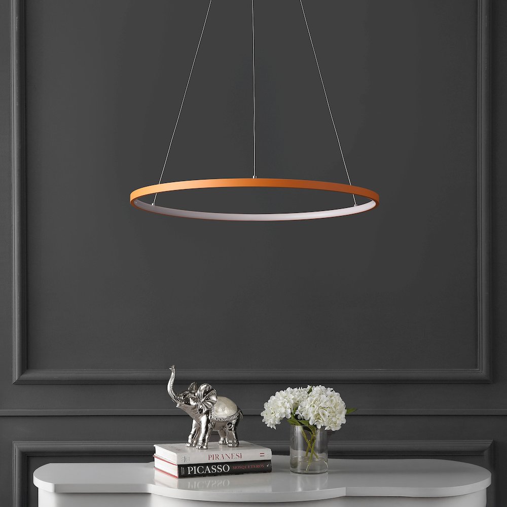 Brice 23.75" Modern Metal Round Dimmable Integrated LED Pendant, Orange. Picture 2