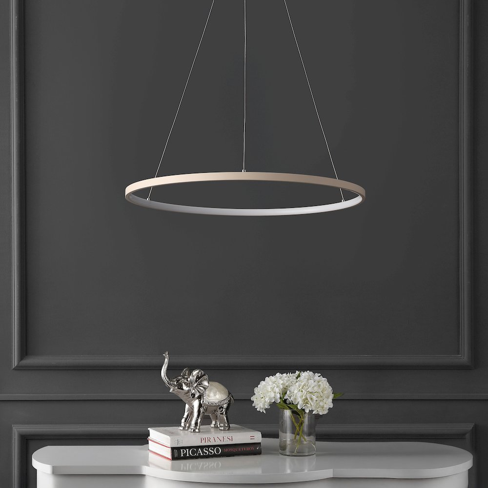 Brice 23.75" Modern Metal Round Dimmable Integrated LED Pendant, Beige. Picture 2