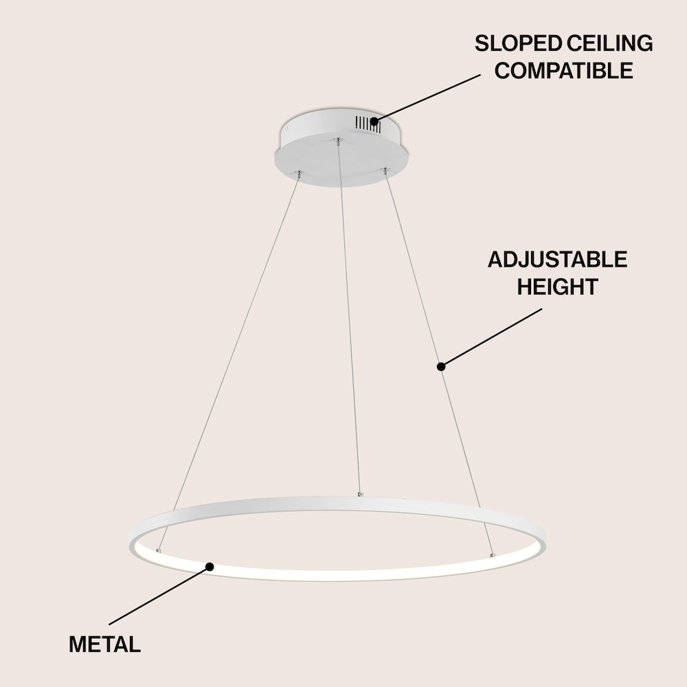 Brice 23.75" Modern Metal Round Dimmable Integrated LED Pendant, Matte White. Picture 3