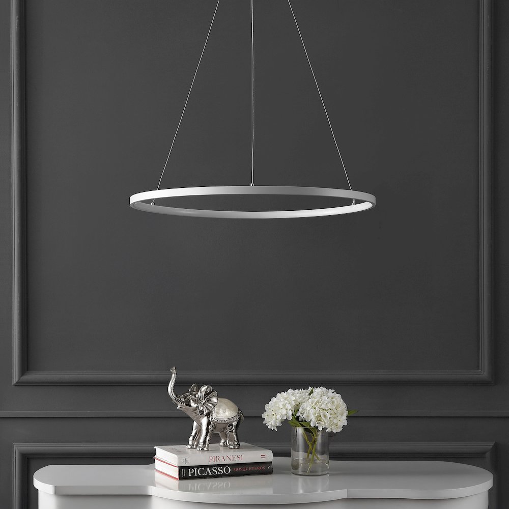 Brice 23.75" Modern Metal Round Dimmable Integrated LED Pendant, Matte White. Picture 2