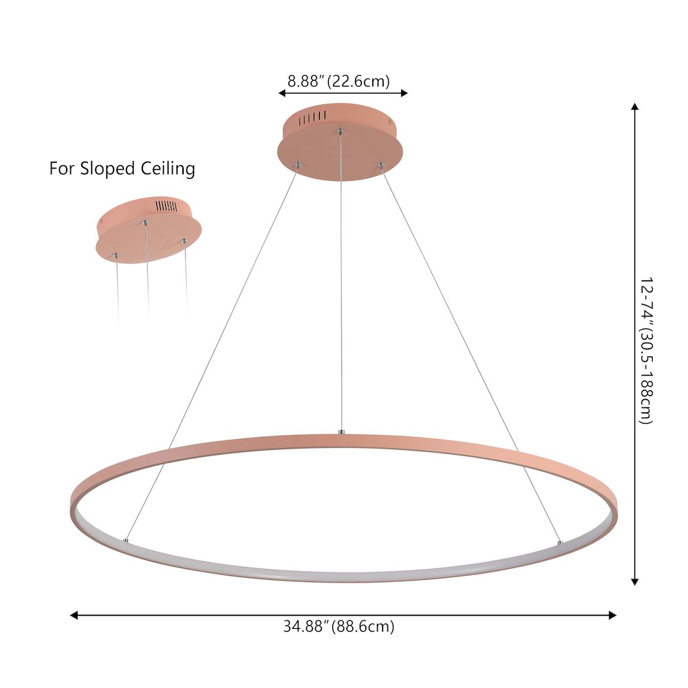 Brice 35" Modern Metal Round Dimmable Integrated LED Pendant, Matte Pink. Picture 6