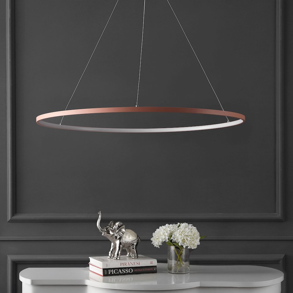 Brice 35" Modern Metal Round Dimmable Integrated LED Pendant, Matte Pink. Picture 2
