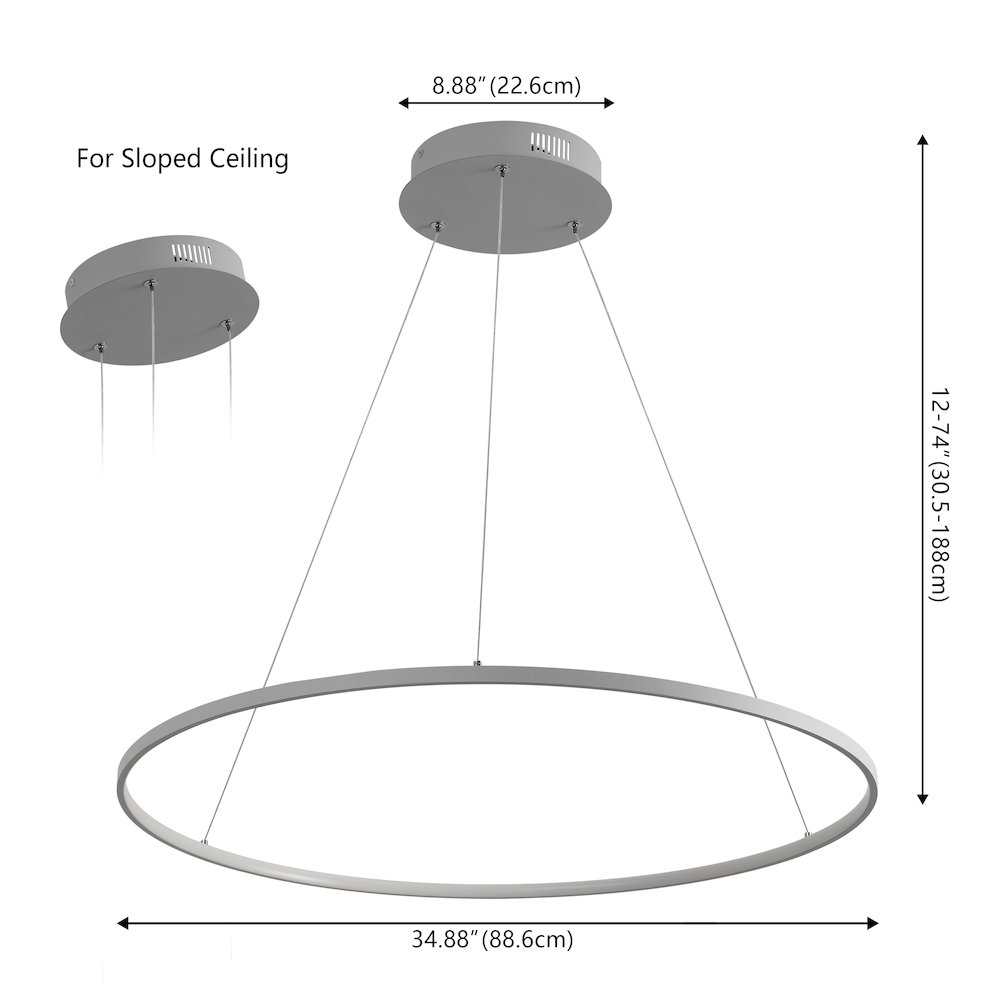 Brice 35" Modern Contemporary Metal Round Dimmable Integrated LED Pendant, Gray. Picture 6