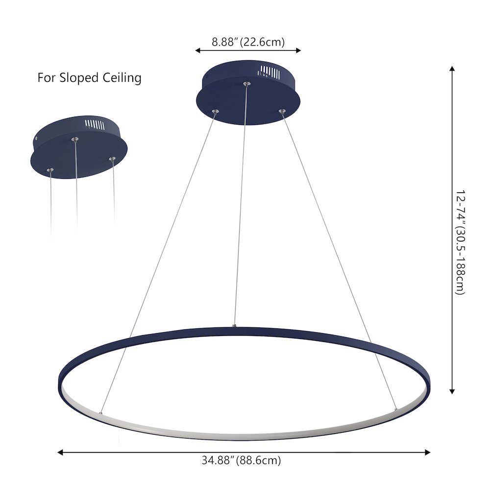 Brice 35" Modern Contemporary Metal Round Dimmable Integrated LED Pendant, Navy. Picture 6