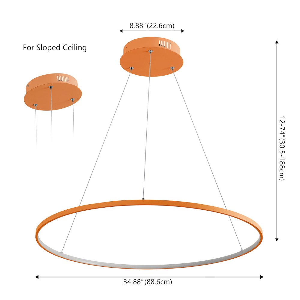 Brice 35" Modern Metal Round Dimmable Integrated LED Pendant, Orange. Picture 6