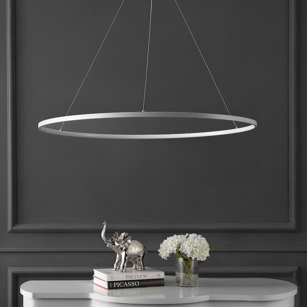 Brice 35" Modern Metal Round Dimmable Integrated LED Pendant, Matte White. Picture 2