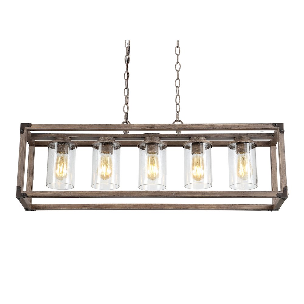 Zeniba Linear Adjustable Iron/Seeded Glass Rustic Farmhouse Led Pendant. Picture 13