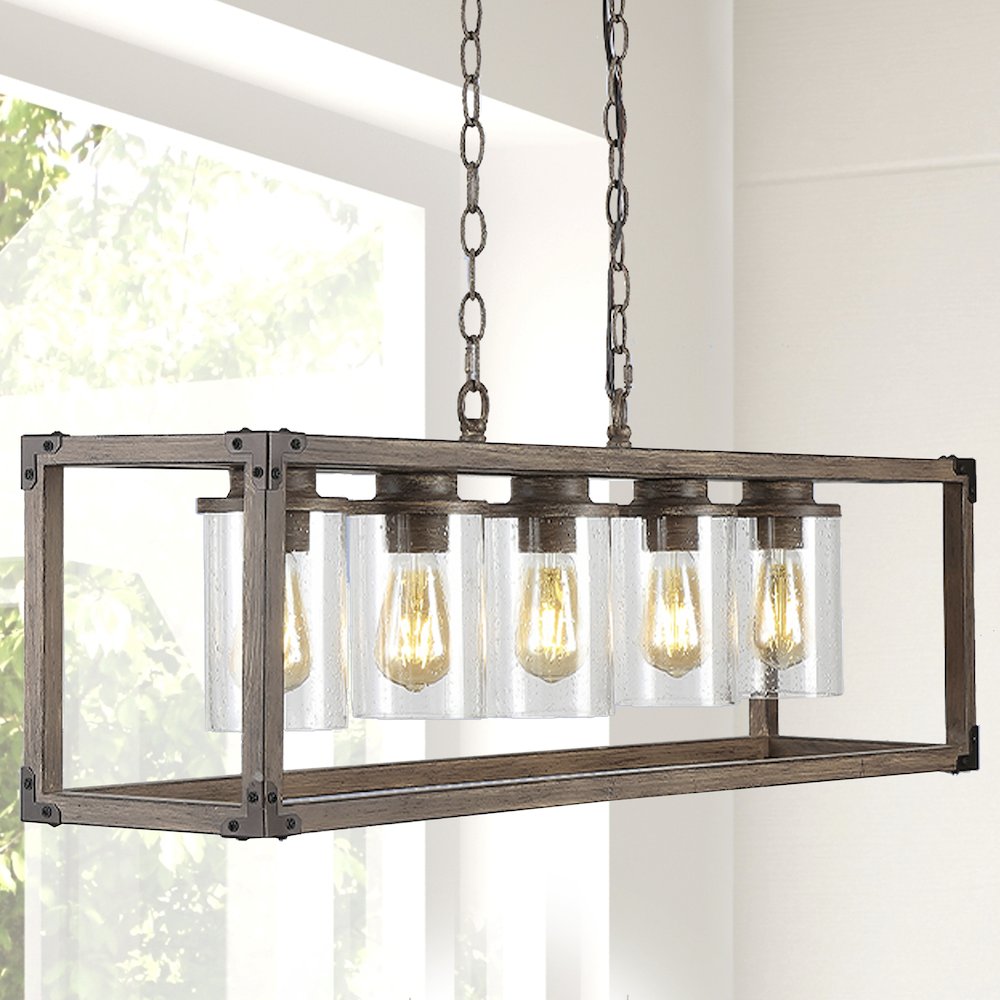 Zeniba Linear Adjustable Iron/Seeded Glass Rustic Farmhouse Led Pendant. Picture 15