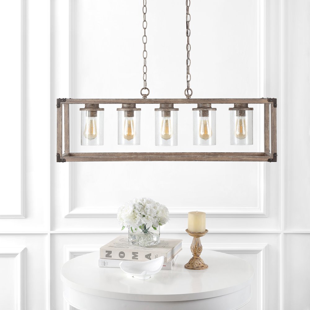 Zeniba Linear Adjustable Iron/Seeded Glass Rustic Farmhouse Led Pendant. Picture 12