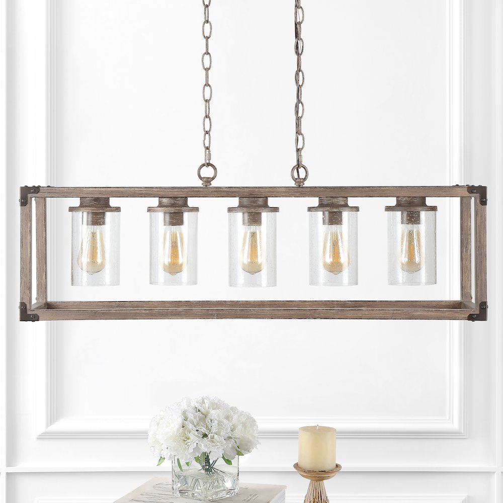 Zeniba Linear Adjustable Iron/Seeded Glass Rustic Farmhouse Led Pendant. Picture 10