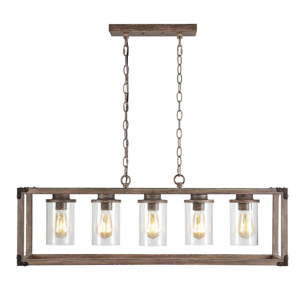 Zeniba Linear Adjustable Iron/Seeded Glass Rustic Farmhouse Led Pendant. Picture 1