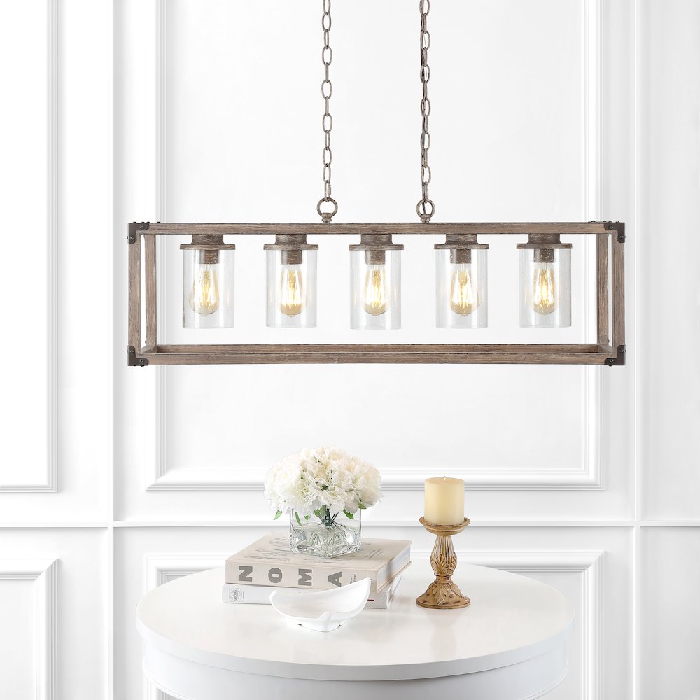 Zeniba Linear Adjustable Iron/Seeded Glass Rustic Farmhouse Led Pendant. Picture 11