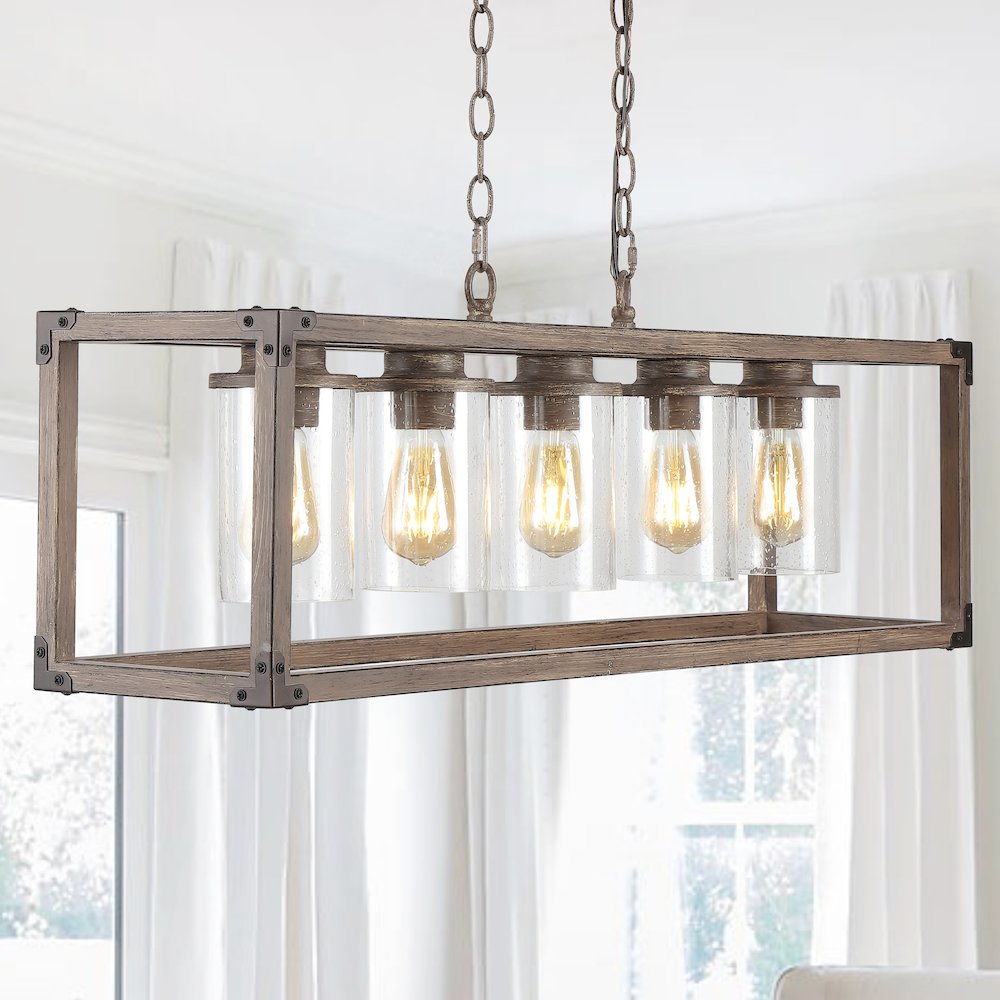 Zeniba Linear Adjustable Iron/Seeded Glass Rustic Farmhouse Led Pendant. Picture 5