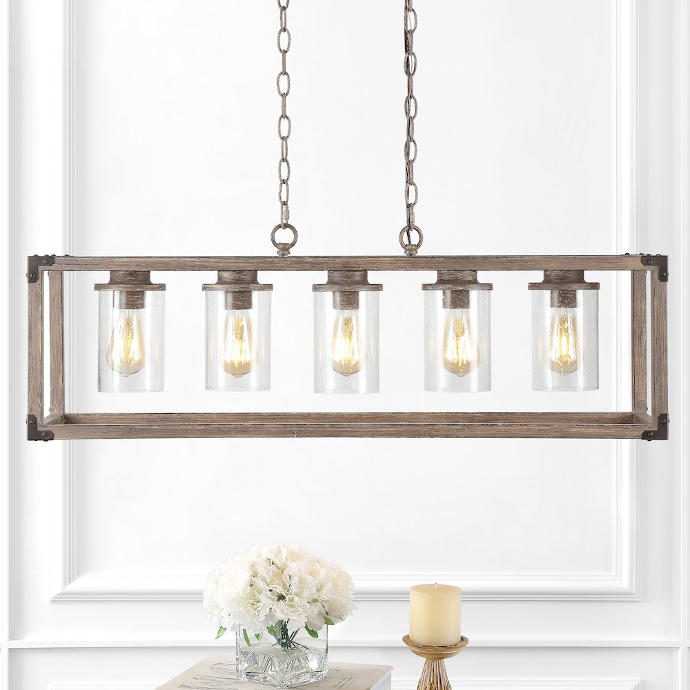 Zeniba Linear Adjustable Iron/Seeded Glass Rustic Farmhouse Led Pendant. Picture 9