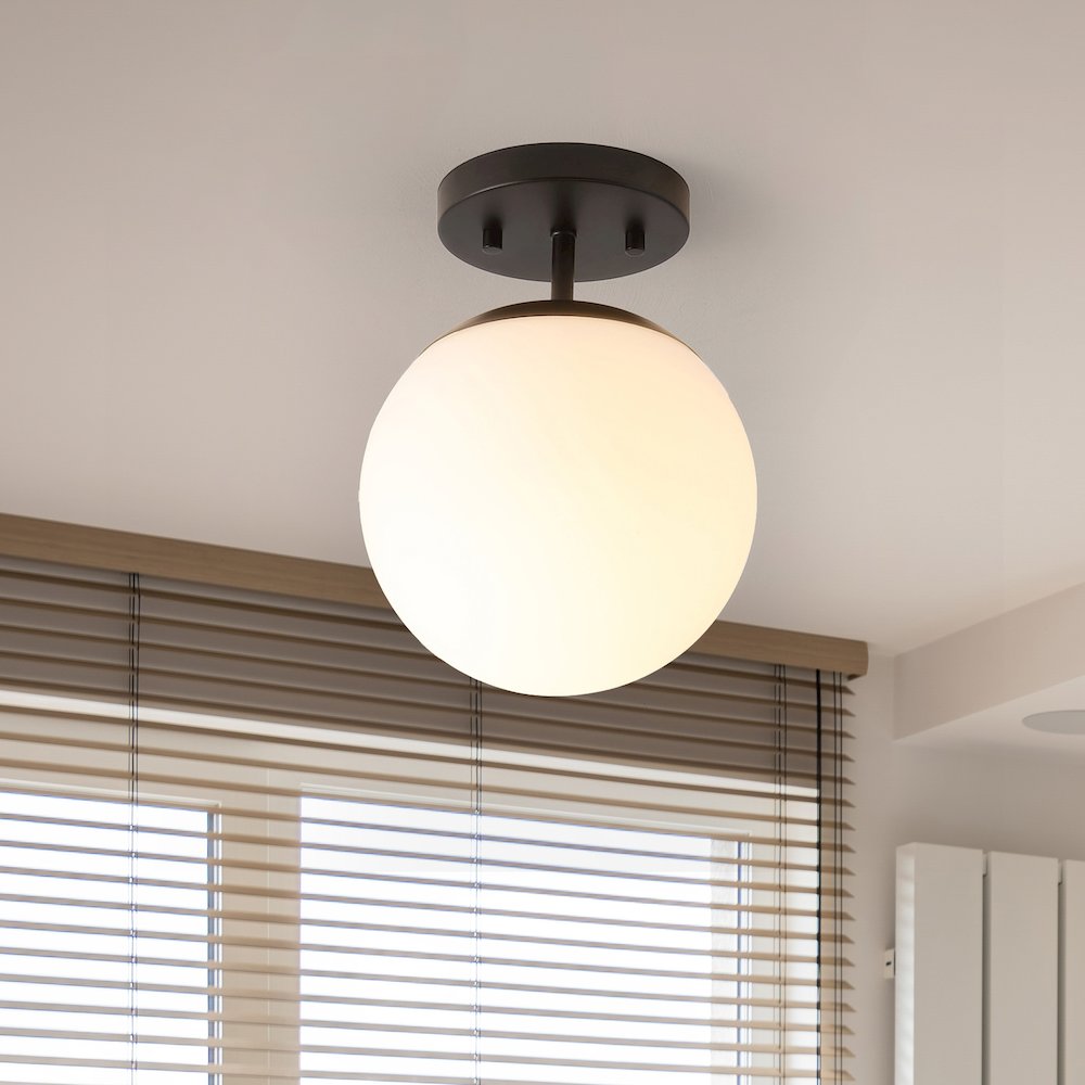 Marcel 1-Light Bohemian Farmhouse Iron/Frosted Glass LED Semi Flush Mount. Picture 1