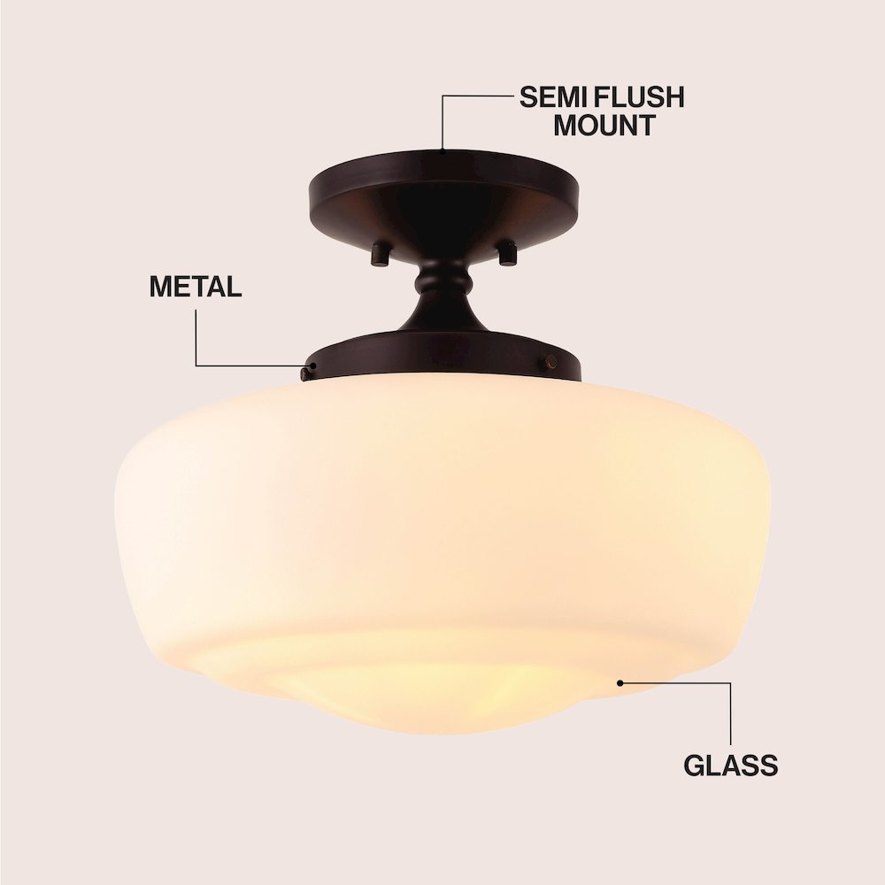 Marfa Farmhouse Schoolhouse Frosted Glass/Metal LED Semi Flush Mount. Picture 3