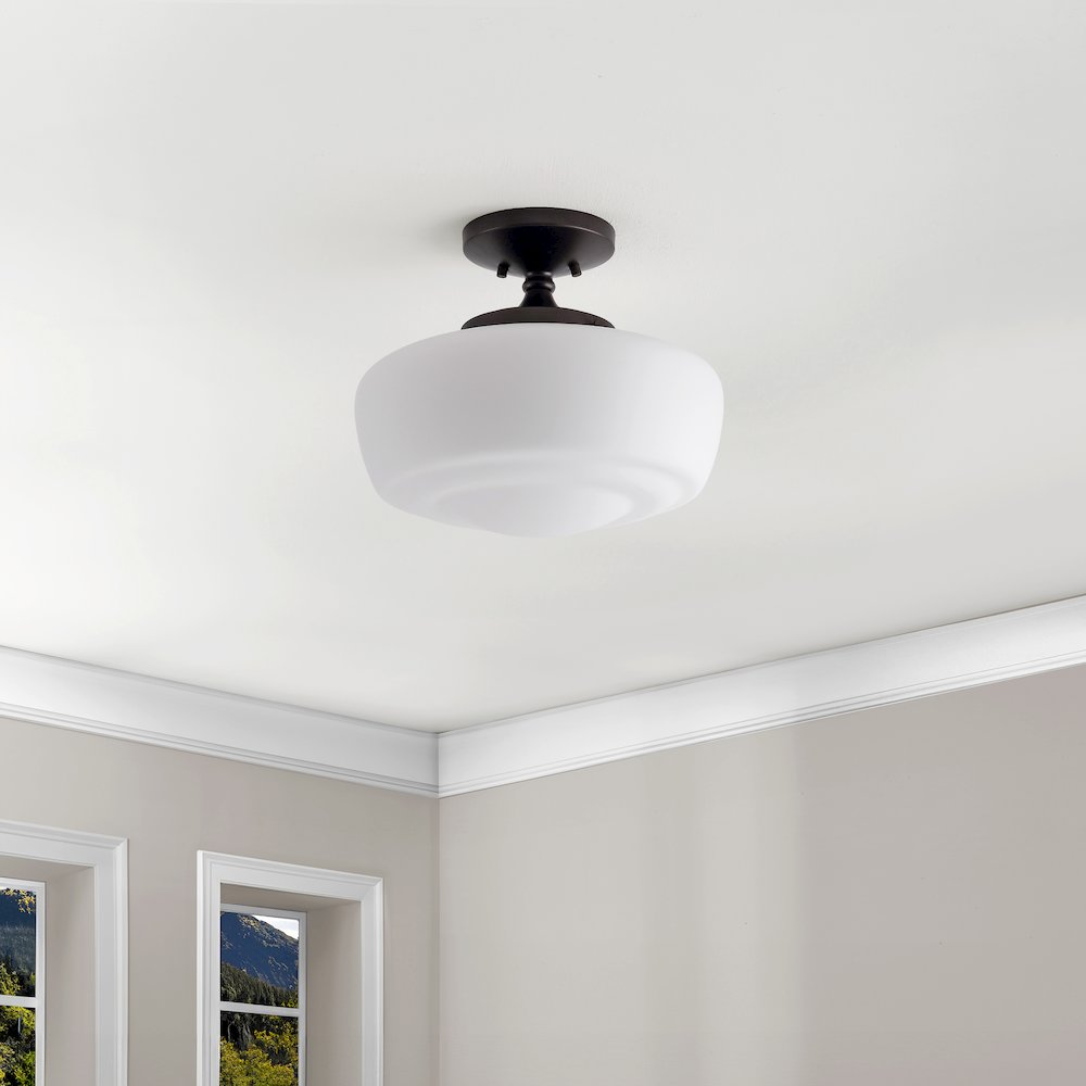 Marfa Farmhouse Schoolhouse Frosted Glass/Metal LED Semi Flush Mount. Picture 8