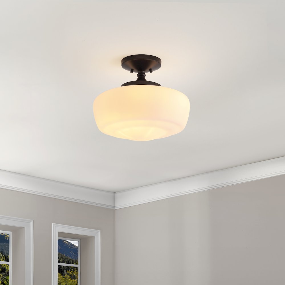 Marfa Farmhouse Schoolhouse Frosted Glass/Metal LED Semi Flush Mount. Picture 7