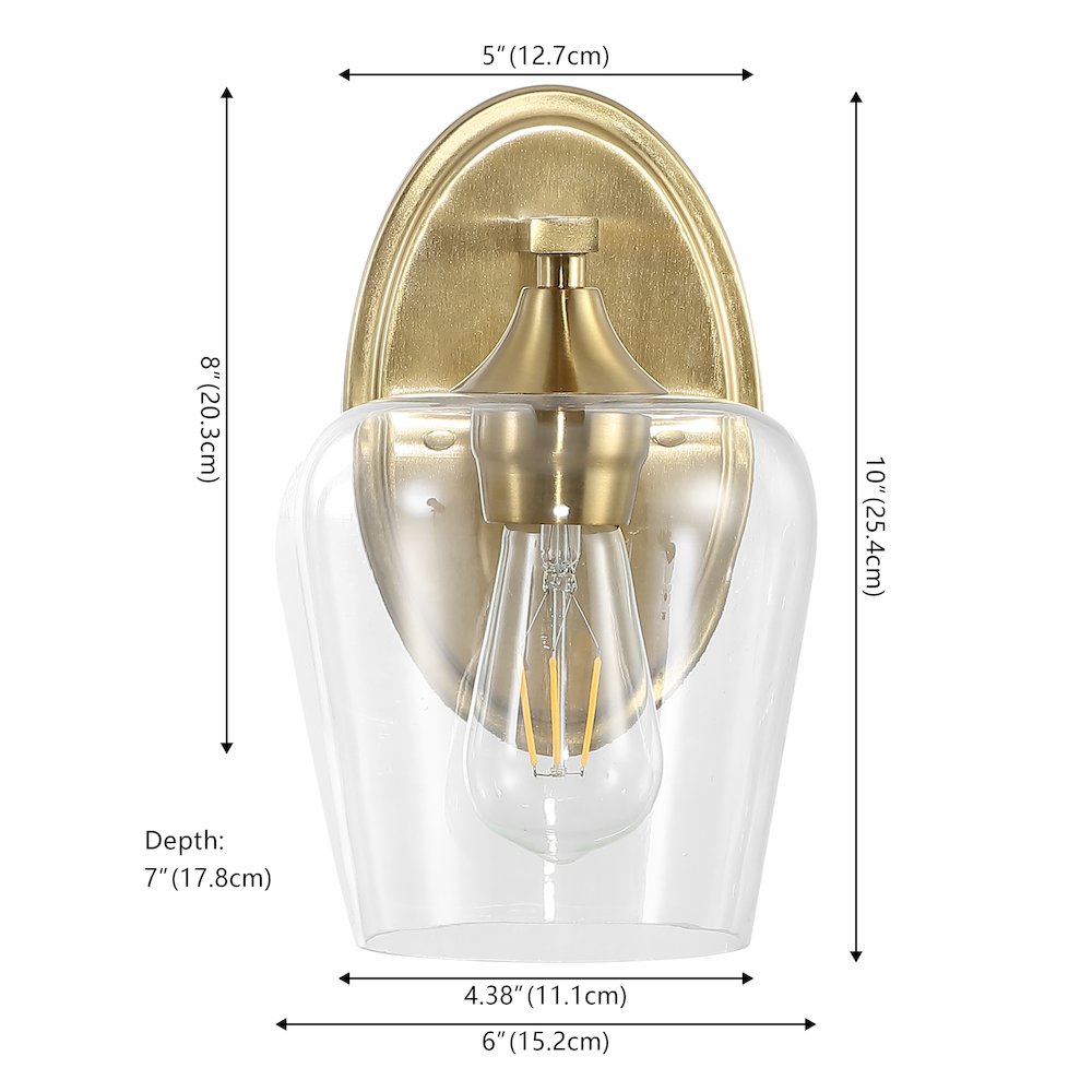 Jayne 6" 1-Light Iron/Glass Cottage Rustic LED Vanity Light, Brass Gold. Picture 6